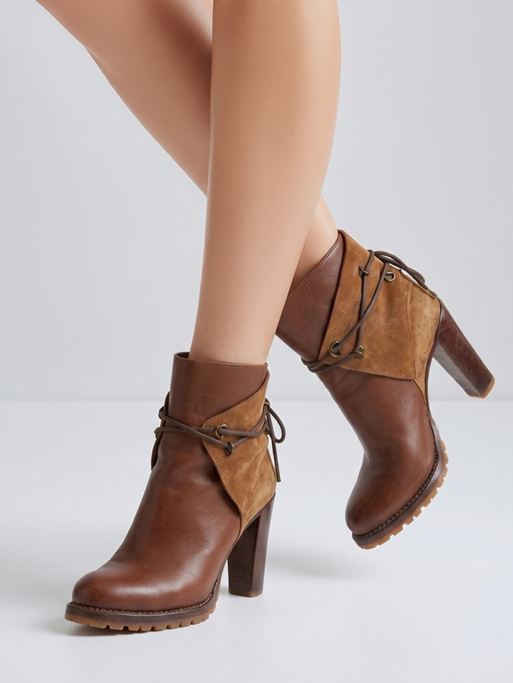 Sartore Brown Leather and Tan Suede Lace-Up High Heel Ankle Boots